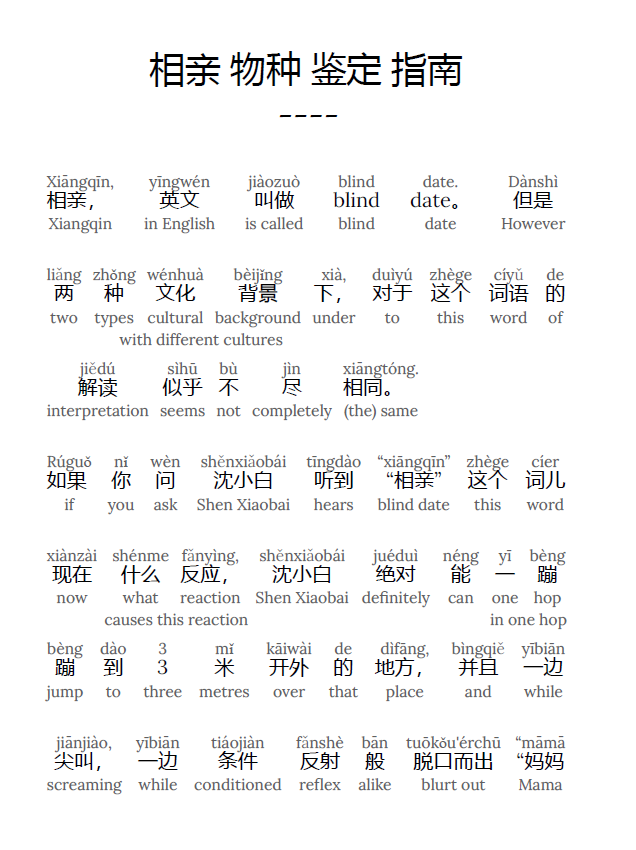 HypLern - Learn Chinese Mandarin With Species Identification Guide for Blind Dates - Interlinear books in PDF, Epub and Mp3 format