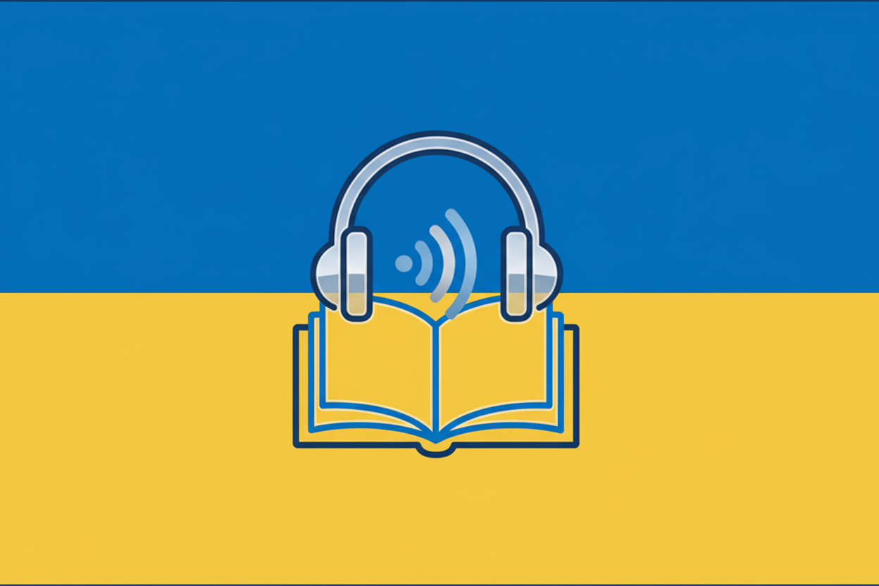 As a thumbnail for an mp3 of Ukrainian audio of a HypLern book, I need a Ukrainian flag with an audiobook sign in the center.